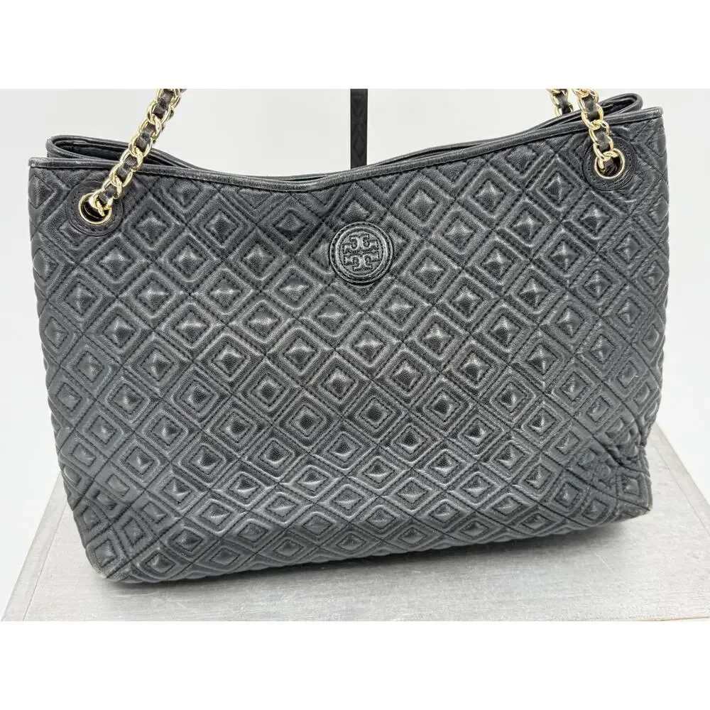 Tory Burch Fleming Black Leather Quilted Chain Tote Shoulder Bag Large Designer